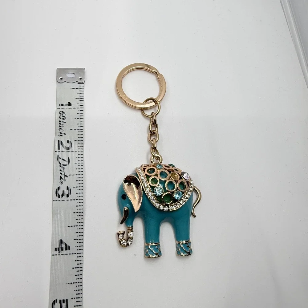 Vintage Teal Enamel Elephant Keychain with Gold Tone & Rhinestones